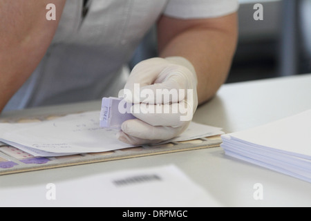 Des échantillons de lames en verre dans un travail ou de pathologie histologie Banque D'Images