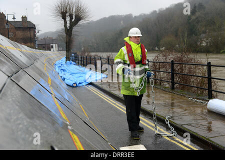 Ironbridge Shropshire Uk d'alerte aux crues le 31 janvier 2014. Le personnel de l'Agence de l'environnement préparer l'inondation barrières comme l'augmentation du fleuve Severn éclate c'est les banques. Crédit : David Bagnall/Alamy Live News Banque D'Images