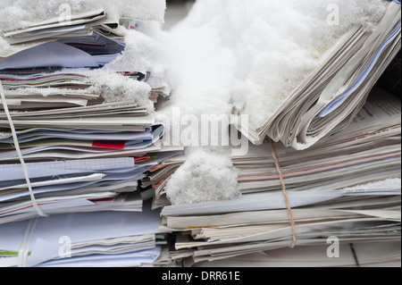 Les vieux papiers couverts de neige est prêt à être recueillies et sur une rue dans un quartier résidentiel de Zurich, Suisse. Banque D'Images