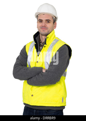 Portrait de l'ingénieur avec casque et gilet de sécurité réfléchissant jaune Banque D'Images