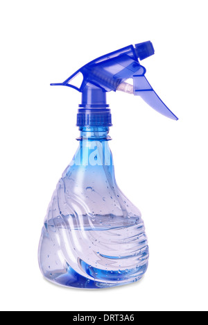 Blue transparent vaporisateur avec gouttes sur un fond blanc Banque D'Images