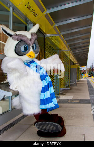 Owl Furry mascot à Oldham, Manchester, UK 1er février 2014. Centre Ville de mascottes, Ollie et Millie au nouveau lien de transport à Oldham Central station. Le Metrolink expansion avec transport services maintenant en marche dans le centre-ville, avec quatre nouvelles stations de marque cesse d'être ajouté à la ligne de Rochdale Oldham. Cette 14 milles (22,5 km) extension quitte l'enterrer la ligne Metrolink juste en dehors du centre-ville et longe le corridor de chemin de fer abandonnée à Central Park à Manchester. Ici, il s'associe à l'ancienne ligne ferroviaire entre boucle Oldham Manchester, Oldham et Rochdale. Banque D'Images