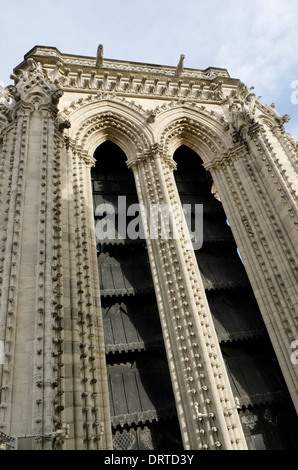 Tour de gauche sur la façade occidentale de la cathédrale Notre-Dame dans le quatrième arrondissement de Paris, l'Ile de la Cité, Paris. La France. Banque D'Images