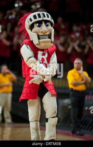 Piscataway, New Jersey, USA. 1er février, 2014. Mascotte Rutgers' dans la première moitié pendant American Athletic Conference basket-ball l'action entre les Chevaliers et la Rutgers Scarlet Memphis Tigers au Centre Sportif Louis Brown (le RAC) à Piscataway, New Jersey. Credit : csm/Alamy Live News Banque D'Images