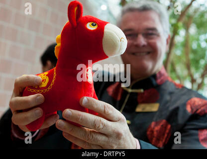 Toronto, Canada. 1er février, 2014. Un homme montre un cheval jouet qu'il a obtenu au cours de la célébration du Nouvel An chinois 2014 au Centre Civique de Markham à Markham, la région du Grand Toronto, Canada, le 1 février 2014. Credit : Zou Zheng/Xinhua/Alamy Live News Banque D'Images