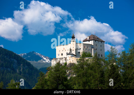 Château de Tarasp entouré par une forêt de mélèze dans la vallée de la Basse-Engadine, en Suisse Banque D'Images