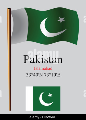 Le Pakistan drapeau onduleux et coordonne à l'arrière-plan gris, vectoriel, illustration image contient la transparence Banque D'Images