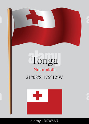 Tonga drapeau onduleux et coordonne à l'arrière-plan gris, vectoriel, illustration image contient la transparence Banque D'Images