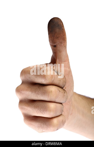 Main d'un homme sale with Thumbs up ressemblant au symbole comme Banque D'Images