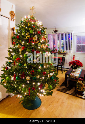 Les arbres de Noël avec des ornements rouge et vert Banque D'Images