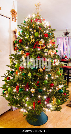 Les arbres de Noël avec des ornements rouge et vert Banque D'Images