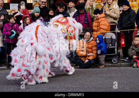 VANCOUVER, BC, CANADA - Le 2 février 2014. Lion en costume coloré Dancer divertit une famille avec un jeune enfant à la Parade du Nouvel An chinois dans Chinatown, Vancouver. La célébration annuelle attire des milliers de spectateurs. Crédit : Maria Janicki/Alamy. Banque D'Images