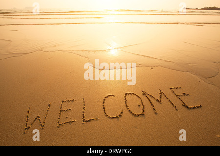 Bienvenue, la texture sur la plage de sable. Banque D'Images