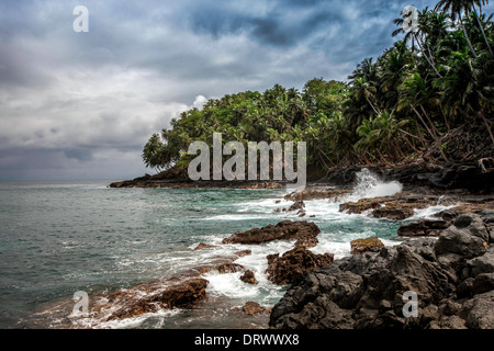 Paysage de plage, à Boi plage, avec des palmiers, des rochers et de la mer. Banque D'Images