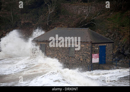 Swansea - UK - 3 Février 2014 : la cabane de sauveteur prend une battue au cours de la marée haute à Caswell Bay près de Swansea ce matin au cours de la tempête. Credit : Phil Rees/Alamy Live News Banque D'Images