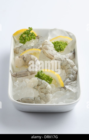 Crevettes fraîches avec du citron sur la glace Banque D'Images