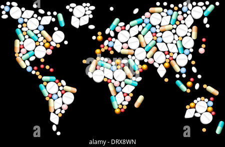 Comprimés, comprimés et capsules, qui façonnent la carte du monde. Banque D'Images