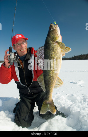 Un pêcheur doré d'hiver qu'il a capturé la pêche sur glace. Banque D'Images