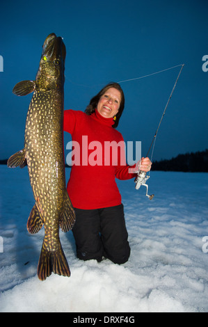 Une femme est titulaire d'un énorme brochet du nord elle pris la pêche sur glace. Banque D'Images