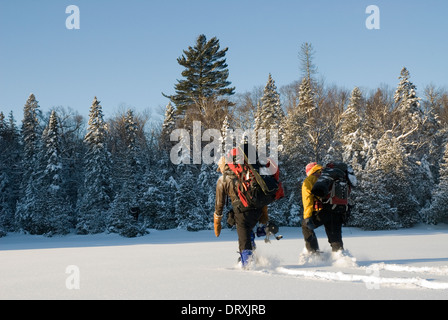 Deux pêcheurs de glace de la raquette sur un lac gelé en hiver. Banque D'Images