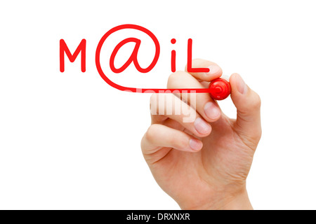 Hand writing Mail avec marqueur rouge sur transparent essuyer. Banque D'Images