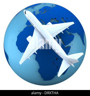 Concept de l'avion de passagers en vol au-dessus de la Terre modèle isolé sur fond blanc. Éléments de cette image fournie par la NASA Banque D'Images