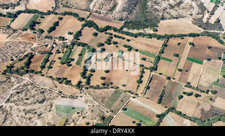 Vue aérienne des modèles de champs de culture avec la culture ou la récolte recueillies reliés par des routes de terre réseau Oaxaca Banque D'Images