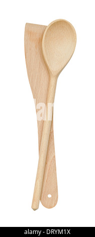 Paire de nouveaux ustensiles de cuisine en bois d'une cuillère de bois et la spatule isolé sur fond blanc Banque D'Images