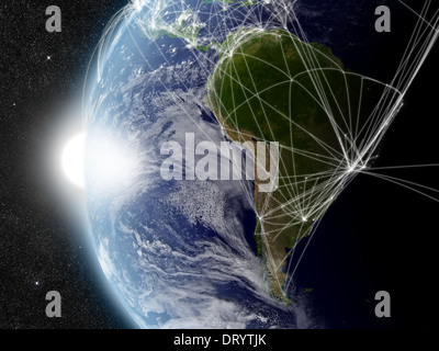 L'Amérique du Sud avec réseau représentant les principales voies de circulation de l'air. Éléments de cette image fournie par la NASA. Banque D'Images