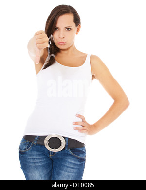 Attractive young woman showing Thumbs down. Le tout sur fond blanc. Banque D'Images