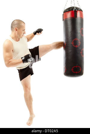 Le sac de boxe coups Boxer isolated on white Banque D'Images