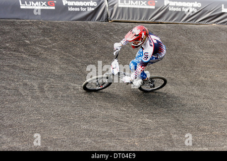 USA Connor les champs à la Coupe du monde de BMX Supercross dans le Parc olympique de Londres. Banque D'Images