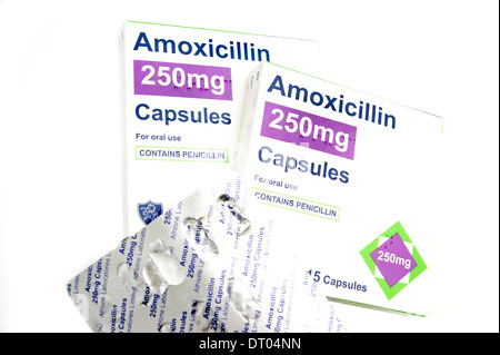 Boîtes d'Amoxicillin capsules antibiotiques de la pénicilline pour traiter une vaste gamme d'infections Banque D'Images