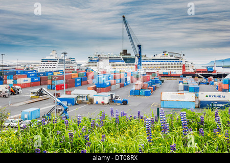 Les contenants d'expédition avec les grands navires de croisière dans le port de Reykajvik, Islande Banque D'Images