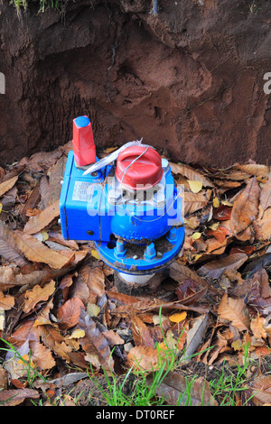 Au travers de l'alésage nouvellement installé sur un poteau incendie eau eau excavé, Principal UK Banque D'Images