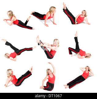 Image composite d'une belle femme, monter dans la soixantaine faisant du yoga. Neuf pose isolé sur fond blanc. Banque D'Images