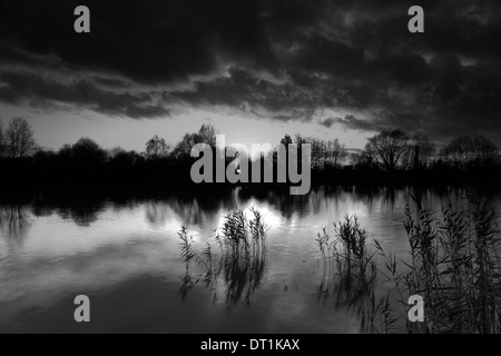 Coucher du soleil d'hiver sur une vidange Fenland, Cambridgeshire, Angleterre, Grande-Bretagne, Royaume-Uni Banque D'Images