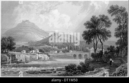 Une gravure intitulée "Llangollen, Denbighshire' numérisées à haute résolution à partir d'un livre publié dans les années 1830. Banque D'Images