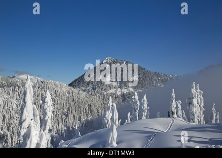 Deux randonneurs profitez d'un jour de l'oiseau bleu dans le milieu de l'hiver dans la neige couverts des Cascades Banque D'Images