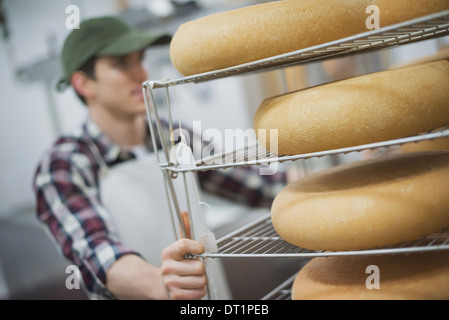 Ferme laitière en laiterie avec de grandes roues de maturation du fromage Banque D'Images