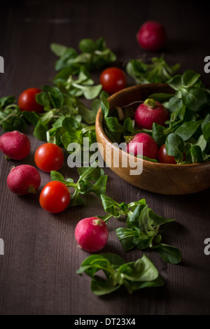 Tomates cerise, radis et laitue Banque D'Images