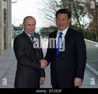 Sochi, Russie. Feb 6, 2014. Le président chinois Xi Jinping (R) rencontre avec le président russe Vladimir Poutine à Sotchi, en Russie, le 6 février 2014. Credit : Huang Jingwen/Xinhua/Alamy Live News Banque D'Images