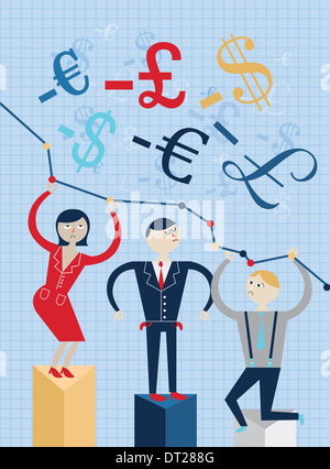 Image d'illustration de businesspeople standing sur le graphique représentant la crise économique Banque D'Images