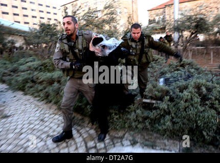 Jérusalem. Feb 6, 2014. La police des frontières israélienne l'arrestation d'un manifestant juif ultra-orthodoxe au cours d'une manifestation à Jérusalem, le 6 février 2014. Des centaines de juifs ultra-orthodoxes en Israël a bloqué les routes et se sont heurtés à la police jeudi pour protester contre une décision du gouvernement de couper des fonds aux étudiants du séminaire qui éviter le service militaire. tement. Source : Xinhua/JINI/Alamy Live News Banque D'Images