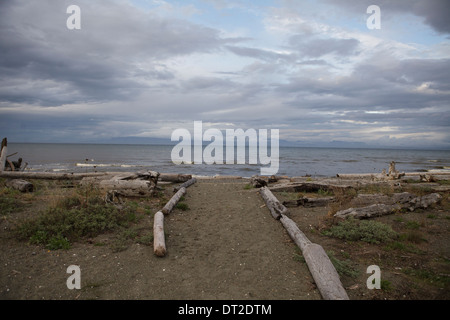 Un chemin bordé de journal menant vers l'océan. Banque D'Images