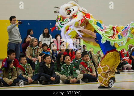 Toronto, Canada. Feb 6, 2014. Les membres de groupes scouts watch traditionnels chinois montrer lors de la danse du lion des groupes scouts 2014 Célébration du Nouvel An chinois à Markham, la région du Grand Toronto, Canada, le 6 février 2014. Credit : Zou Zheng/Xinhua/Alamy Live News Banque D'Images