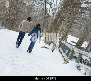 Paysage d'hiver avec neige au sol un couple marche main dans la main le long d'un chemin