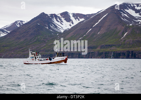 Bateau en bois traditionnels islandais de prendre les passagers des baleines près de Akureyri, Islande Banque D'Images