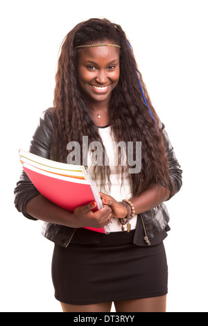 Belle étudiant africain woman isolated over white background Banque D'Images