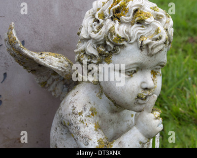 Un lichen-incrustés chérubin ailé sur une pierre tombale dans un cimetière anglais enjoint le silence. Banque D'Images